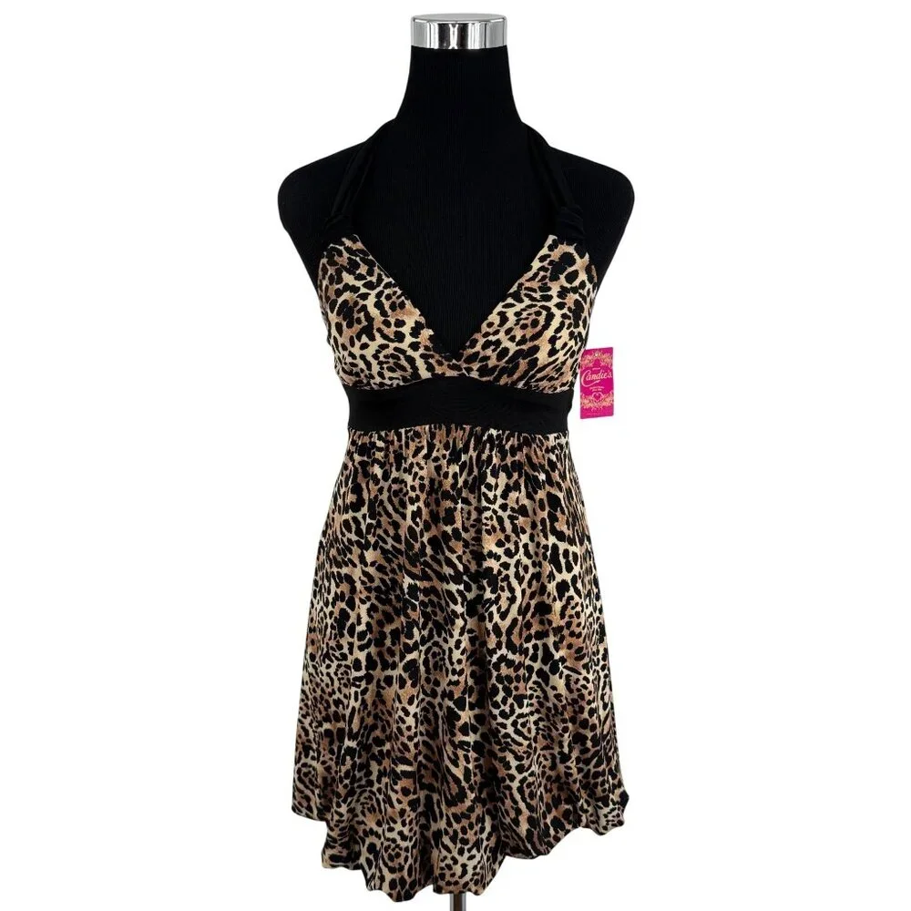 Vintage NWT Candies Leopard Halter Mini Dress S| Y2K Bimbocore McBling Fairycore - Picture 2 of 16